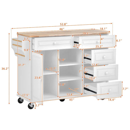 Roomfitters Kitchen Cart with Rubber wood Desktop - Rolling Mobile Kitchen Island with Storage and 5 Drawers, 53 Inch Length