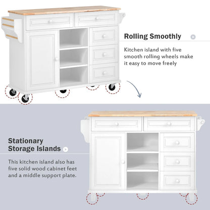 Roomfitters Kitchen Cart with Rubber wood Desktop - Rolling Mobile Kitchen Island with Storage and 5 Drawers, 53 Inch Length