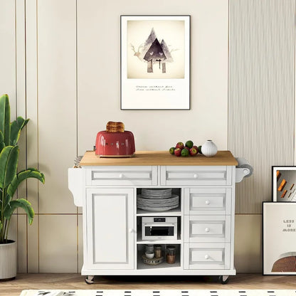 Roomfitters Kitchen Cart with Rubber wood Desktop - Rolling Mobile Kitchen Island with Storage and 5 Drawers, 53 Inch Length