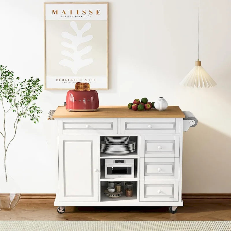 Roomfitters Kitchen Cart with Rubber wood Desktop - Rolling Mobile Kitchen Island with Storage and 5 Drawers, 53 Inch Length