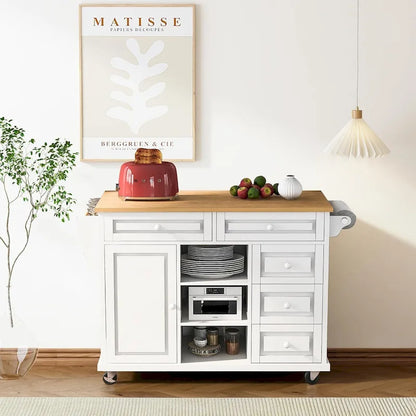 Roomfitters Kitchen Cart with Rubber wood Desktop - Rolling Mobile Kitchen Island with Storage and 5 Drawers, 53 Inch Length