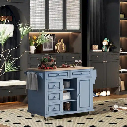 Roomfitters Kitchen Cart with Rubber wood Desktop - Rolling Mobile Kitchen Island with Storage and 5 Drawers, 53 Inch Length