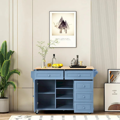 Roomfitters Kitchen Cart with Rubber wood Desktop - Rolling Mobile Kitchen Island with Storage and 5 Drawers, 53 Inch Length