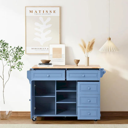 Roomfitters Kitchen Cart with Rubber wood Desktop - Rolling Mobile Kitchen Island with Storage and 5 Drawers, 53 Inch Length