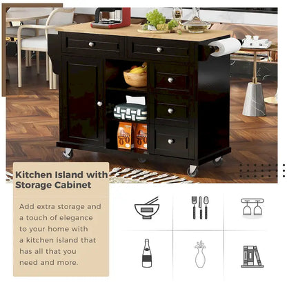 Roomfitters Kitchen Cart with Rubber wood Desktop - Rolling Mobile Kitchen Island with Storage and 5 Drawers, 53 Inch Length