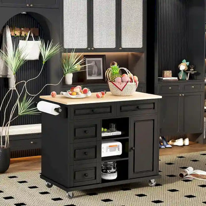 Roomfitters Kitchen Cart with Rubber wood Desktop - Rolling Mobile Kitchen Island with Storage and 5 Drawers, 53 Inch Length