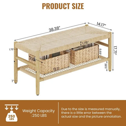 Boho Farmhouse Solid Wood Entryway Shoe Bench with Hand Woven Rope Design and Two Baskets, Natural End To Bed Bench