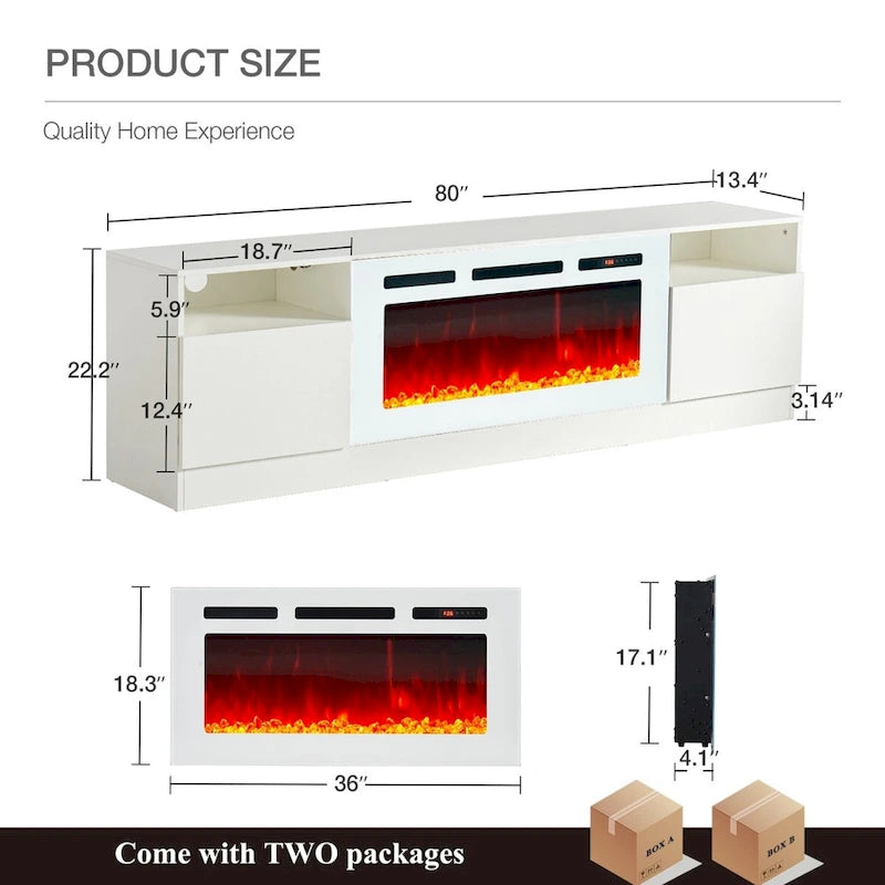 80 TV Stand with 36 Electric Fireplace, White
