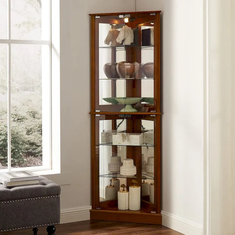 Corner Curio Dispaly Cabinet with Lights, Adjustable Tempered Glass Shelves, Mirrored Back