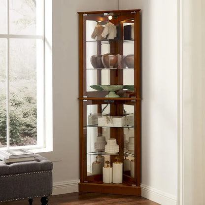 Corner Curio Dispaly Cabinet with Lights, Adjustable Tempered Glass Shelves, Mirrored Back