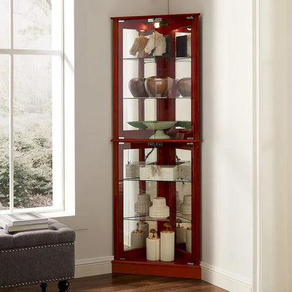 Corner Curio Dispaly Cabinet with Lights, Adjustable Tempered Glass Shelves, Mirrored Back