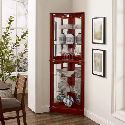 Corner Curio Dispaly Cabinet with Lights, Adjustable Tempered Glass Shelves, Mirrored Back