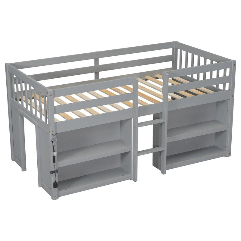 Twin Size Wood Loft Bed with Two-Tier Shelves and LED Light