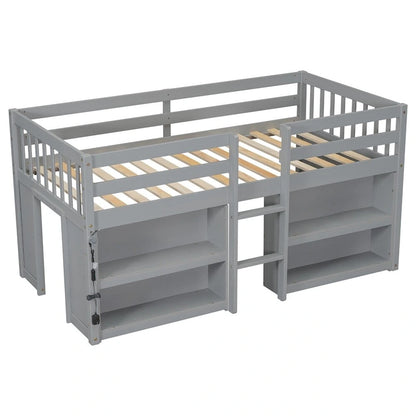 Twin Size Wood Loft Bed with Two-Tier Shelves and LED Light