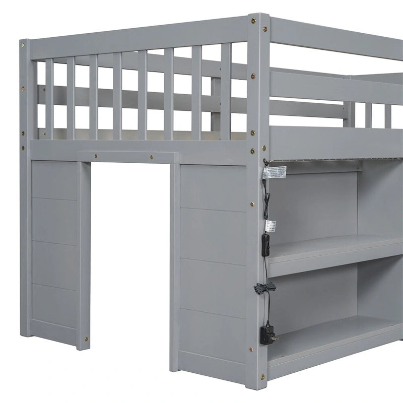 Twin Size Wood Loft Bed with Two-Tier Shelves and LED Light