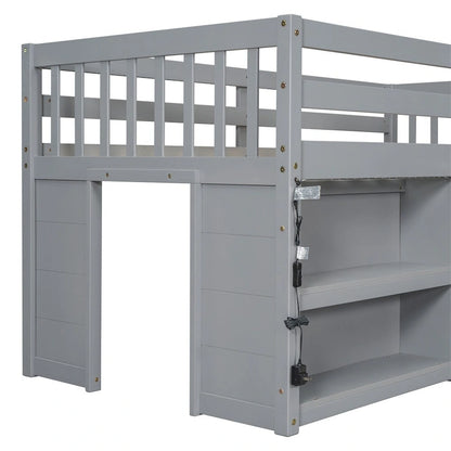 Twin Size Wood Loft Bed with Two-Tier Shelves and LED Light