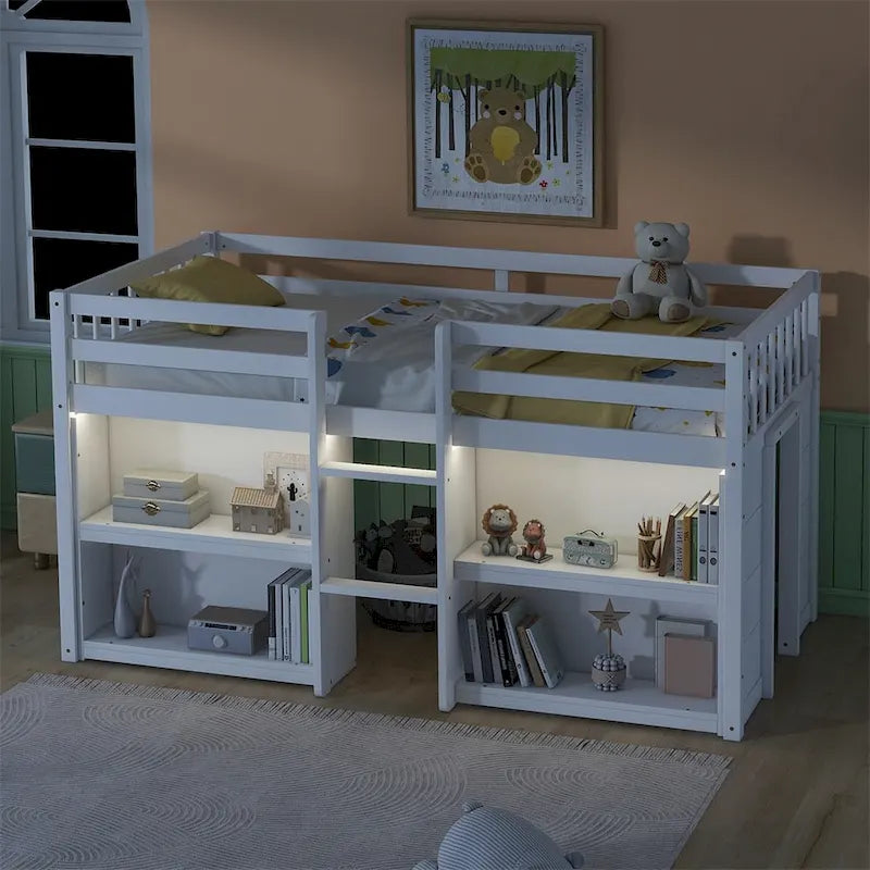 Twin Size Wood Loft Bed with Two-Tier Shelves and LED Light