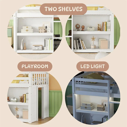 Twin Size Wood Loft Bed with Two-Tier Shelves and LED Light