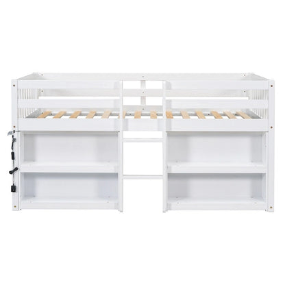 Twin Size Wood Loft Bed with Two-Tier Shelves and LED Light
