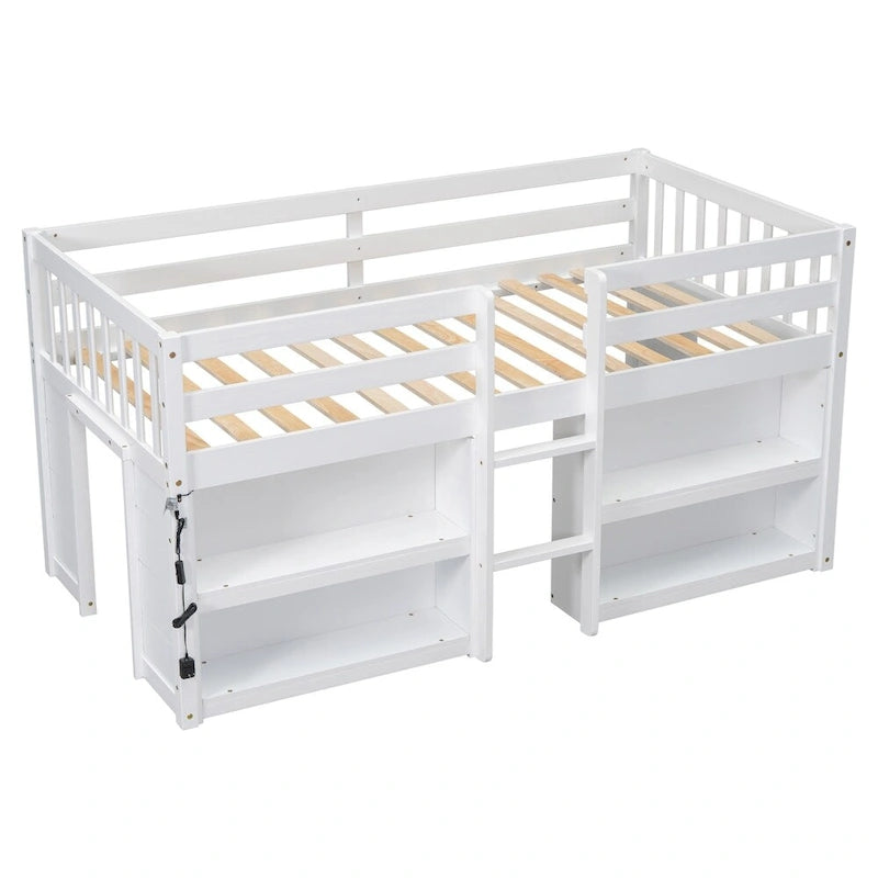 Twin Size Wood Loft Bed with Two-Tier Shelves and LED Light