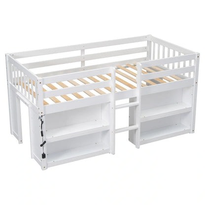 Twin Size Wood Loft Bed with Two-Tier Shelves and LED Light