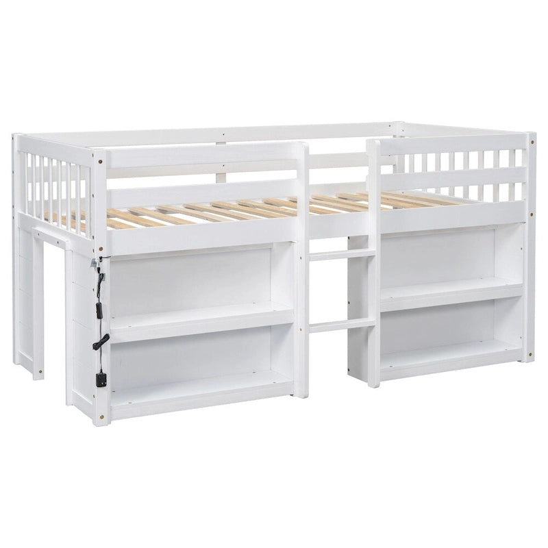 Twin Size Wood Loft Bed with Two-Tier Shelves and LED Light