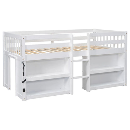 Twin Size Wood Loft Bed with Two-Tier Shelves and LED Light
