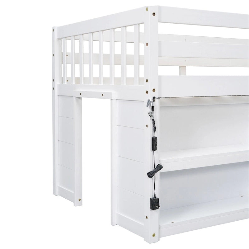 Twin Size Wood Loft Bed with Two-Tier Shelves and LED Light