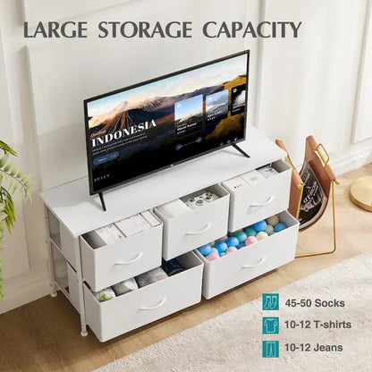 Dresser for Bedroom with 5 Fabric Drawers, Tall Chest Organizer Units for Clothing, Closet, Kidsroom, Storage Tower with Cabinet