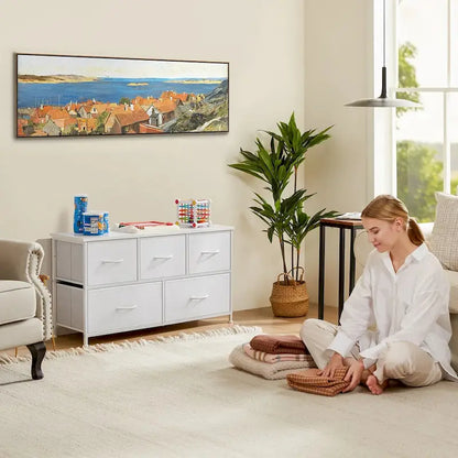 Dresser for Bedroom with 5 Fabric Drawers, Tall Chest Organizer Units for Clothing, Closet, Kidsroom, Storage Tower with Cabinet