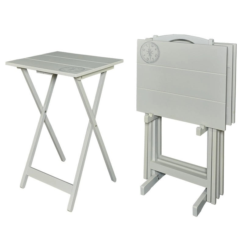 Compass Solid Wood 5 Piece Folding Snack TV Tray Set in Light Grey