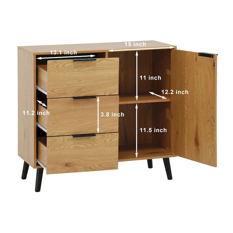 Storage Cabinet with 3 Drawers & Adjustable Shelf, Mid Century Cabinet with Door, Accent Cabinet for Living Room, Home Office