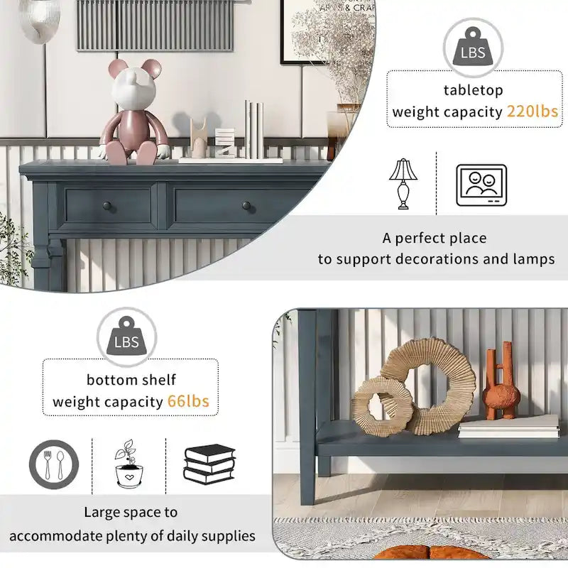 Retro Console Table with 3 Drawers and Bottom Shelf