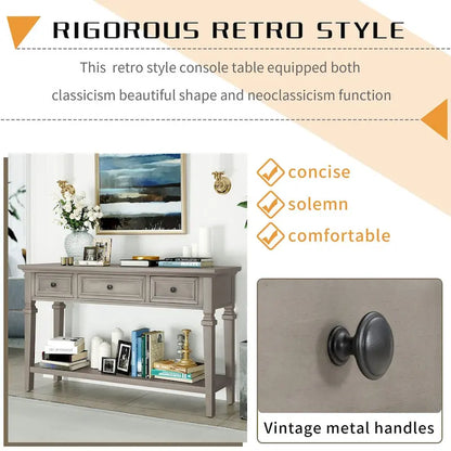 Retro Console Table with 3 Drawers and Bottom Shelf
