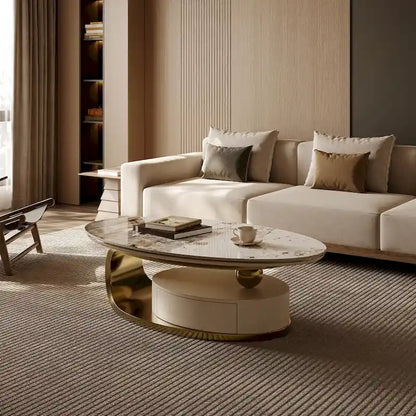 51 Modern Oval Coffee Table, Sintered Stone Top, Gold legs, Drawer - 51.2 X 27.5