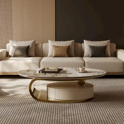 51 Modern Oval Coffee Table, Sintered Stone Top, Gold legs, Drawer - 51.2 X 27.5