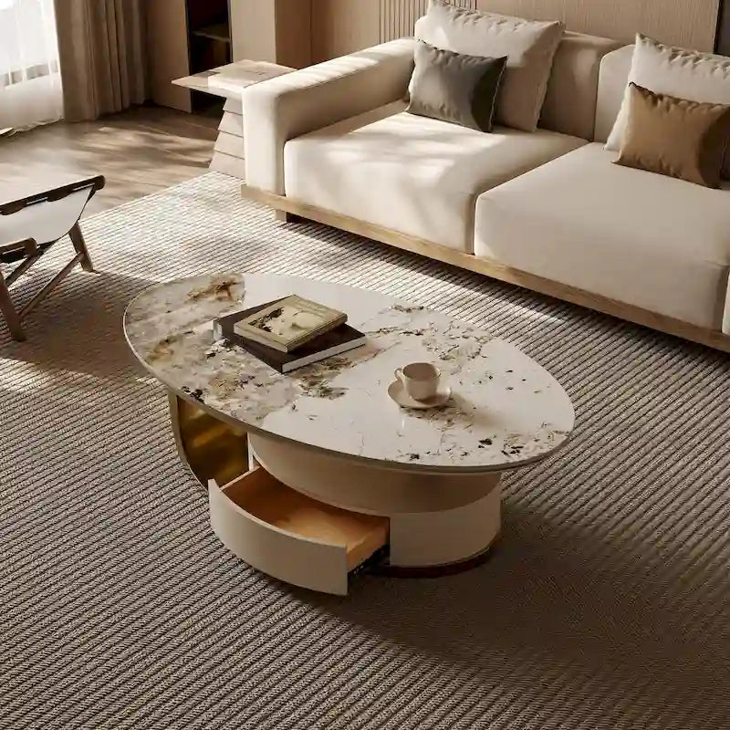 51 Modern Oval Coffee Table, Sintered Stone Top, Gold legs, Drawer - 51.2 X 27.5