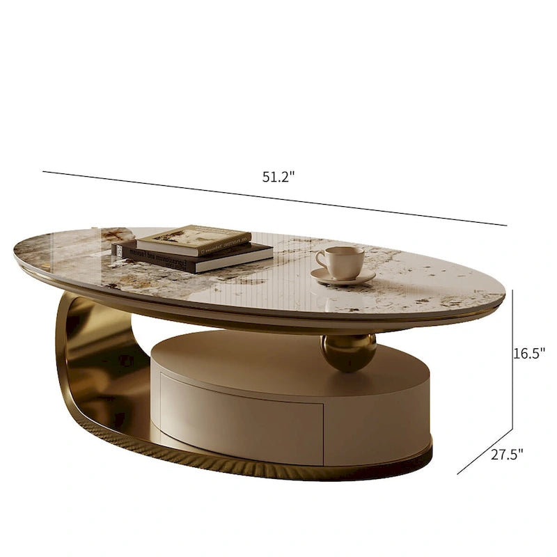 51 Modern Oval Coffee Table, Sintered Stone Top, Gold legs, Drawer - 51.2 X 27.5