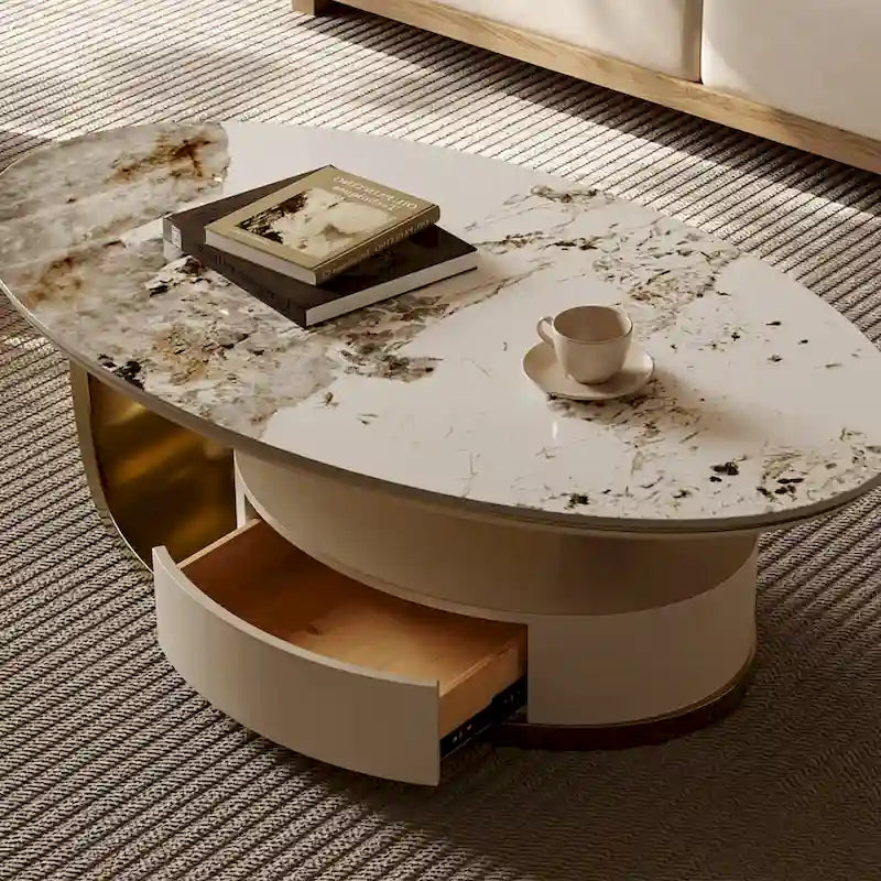 51 Modern Oval Coffee Table, Sintered Stone Top, Gold legs, Drawer - 51.2 X 27.5