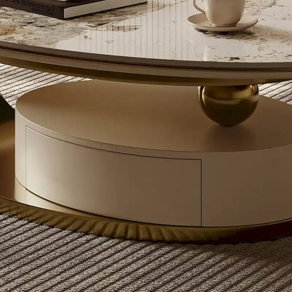 51 Modern Oval Coffee Table, Sintered Stone Top, Gold legs, Drawer - 51.2 X 27.5