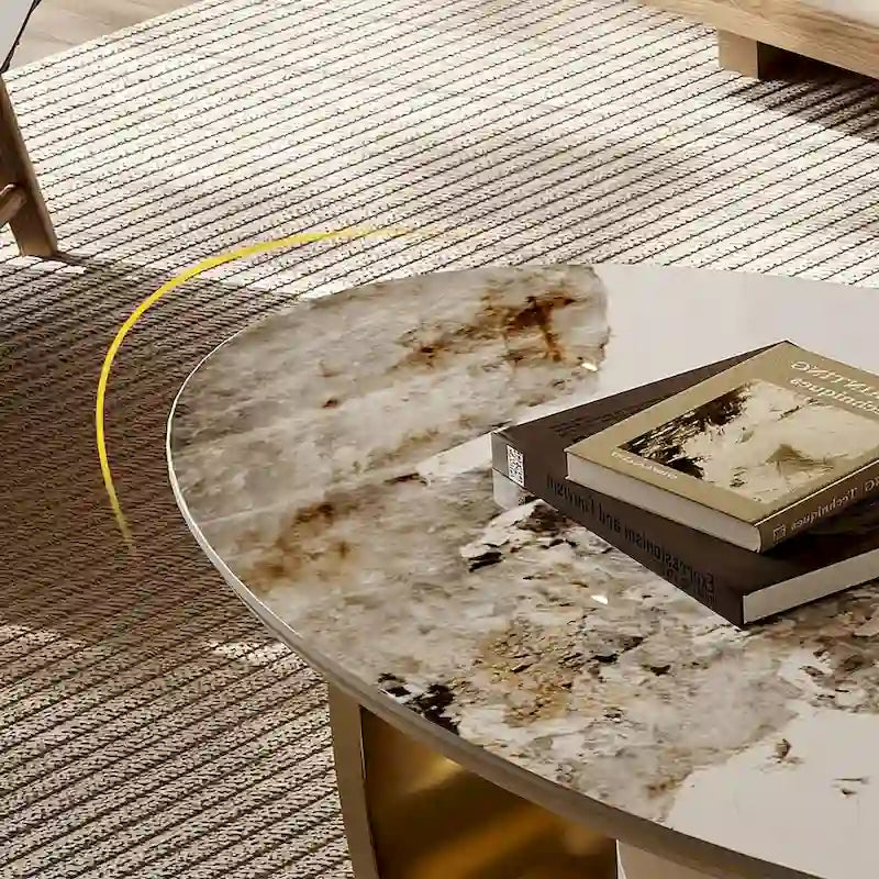 51 Modern Oval Coffee Table, Sintered Stone Top, Gold legs, Drawer - 51.2 X 27.5