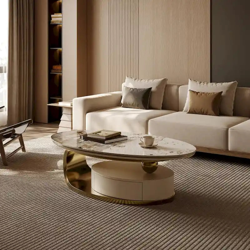51 Modern Oval Coffee Table, Sintered Stone Top, Gold legs, Drawer - 51.2 X 27.5