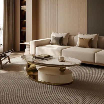 51 Modern Oval Coffee Table, Sintered Stone Top, Gold legs, Drawer - 51.2 X 27.5