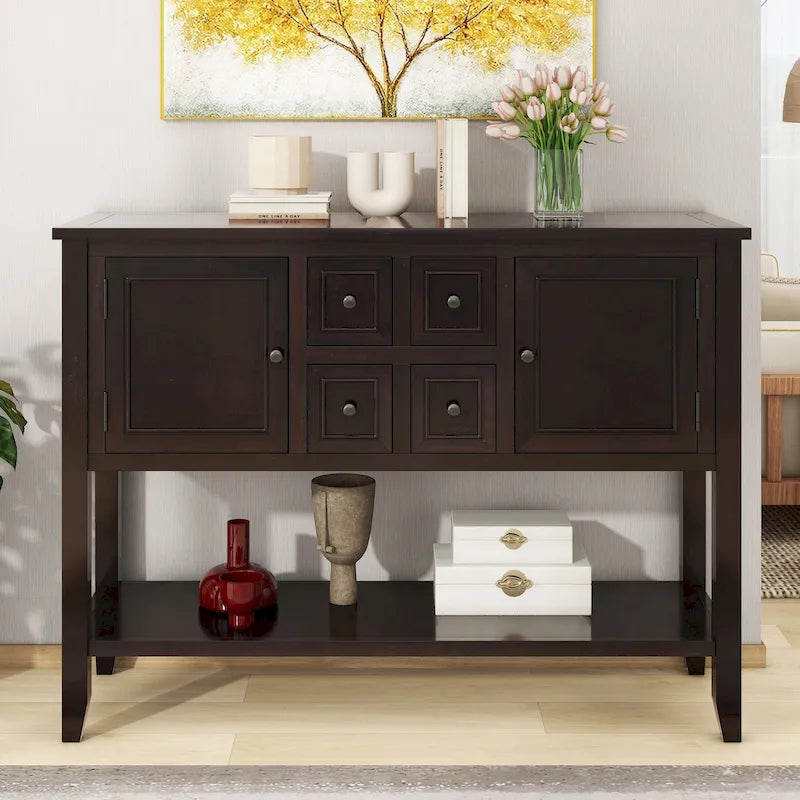 Ample Storage Vintage Console Table with Four Small Drawers and Bottom Shelf for Living Rooms, Entrances and Kitchens