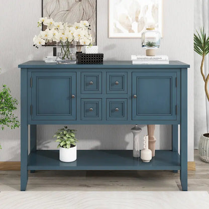 Ample Storage Vintage Console Table with Four Small Drawers and Bottom Shelf for Living Rooms, Entrances and Kitchens