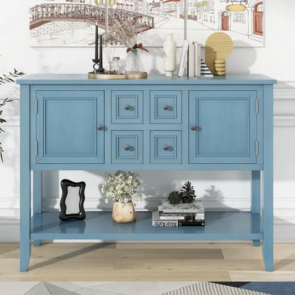 Ample Storage Vintage Console Table with Four Small Drawers and Bottom Shelf for Living Rooms, Entrances and Kitchens
