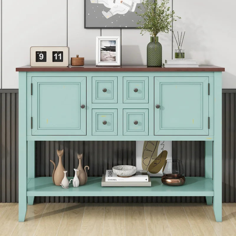 Ample Storage Vintage Console Table with Four Small Drawers and Bottom Shelf for Living Rooms, Entrances and Kitchens