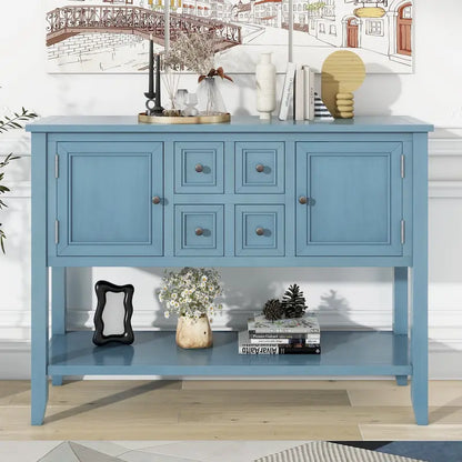Ample Storage Vintage Console Table with Four Small Drawers and Bottom Shelf for Living Rooms, Entrances and Kitchens
