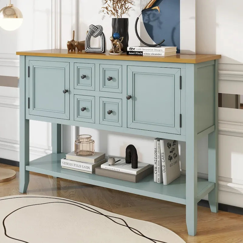 Ample Storage Vintage Console Table with Four Small Drawers and Bottom Shelf for Living Rooms, Entrances and Kitchens
