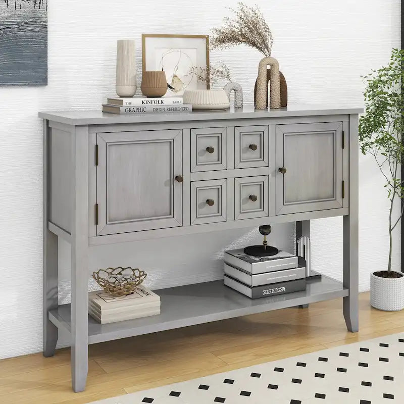 Ample Storage Vintage Console Table with Four Small Drawers and Bottom Shelf for Living Rooms, Entrances and Kitchens
